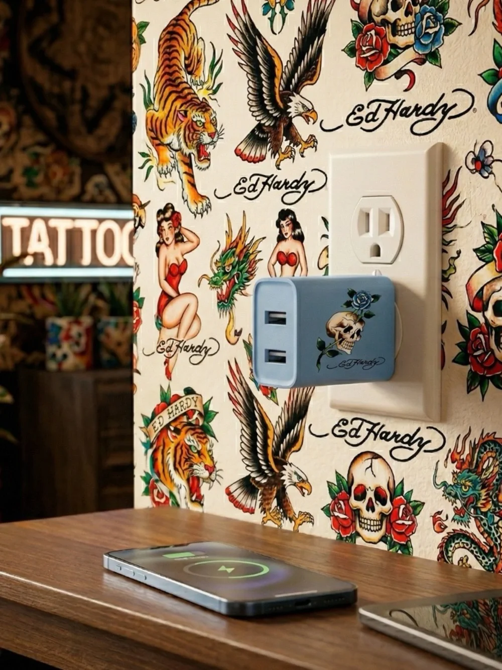 Ed Hardy Christian Audigier Rapid Charge Wall Charger USB-A & USB-C Ports (BLUE)